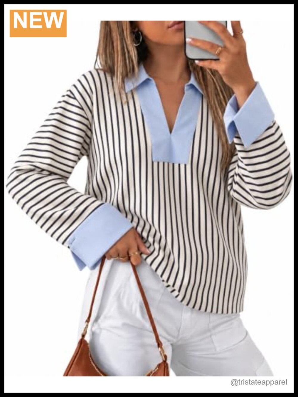 Striped V Neck Collared Long Sleeve Work Tunic Blouse